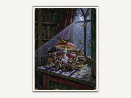 Mushrooms and moths on moonlit windowsill