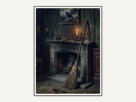 Broom leaning by candlelit stone fireplace