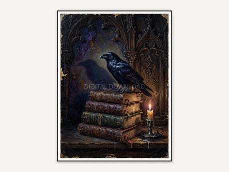 Raven on ancient books with candlelight