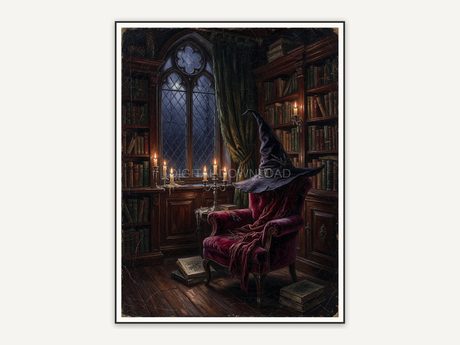 Witch hat on velvet chair in manor library
