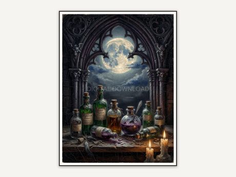 Full moon over potion bottles in arched study