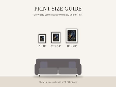 Print size guide showing 8x10, 11x14, and 16x20 framed prints at true scale beside a sofa