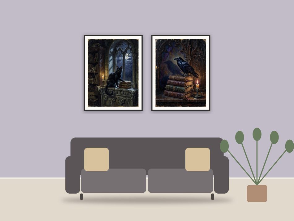 halloween decor and spooky season wall art printable art framed above a sofa in a styled living room