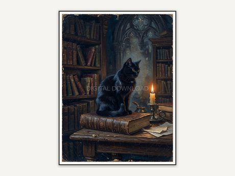 Black cat on antique book in candlelit gothic library