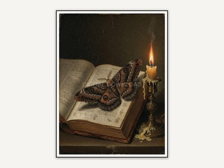 Moth on open ancient tome beside brass candlestick