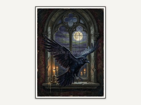 Raven against moonlit arched window in old manor