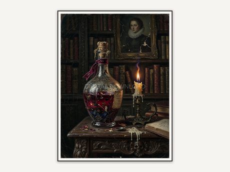 Ornate potion bottle and candle on carved wooden table