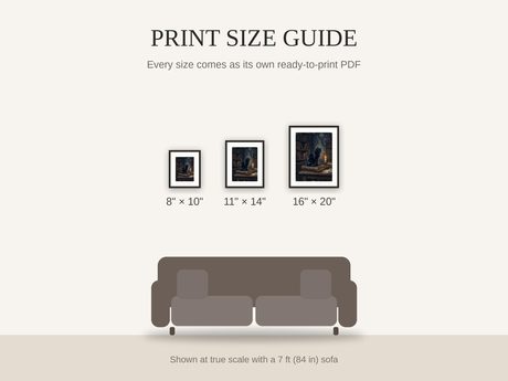 Print size guide showing 8x10, 11x14, and 16x20 framed prints at true scale beside a sofa