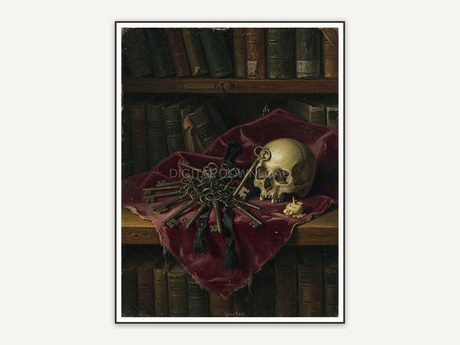 Antique keys and small skull on velvet library shelf