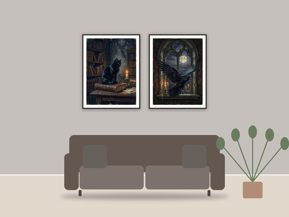 halloween decor and spooky season wall art printable art framed above a sofa in a styled living room