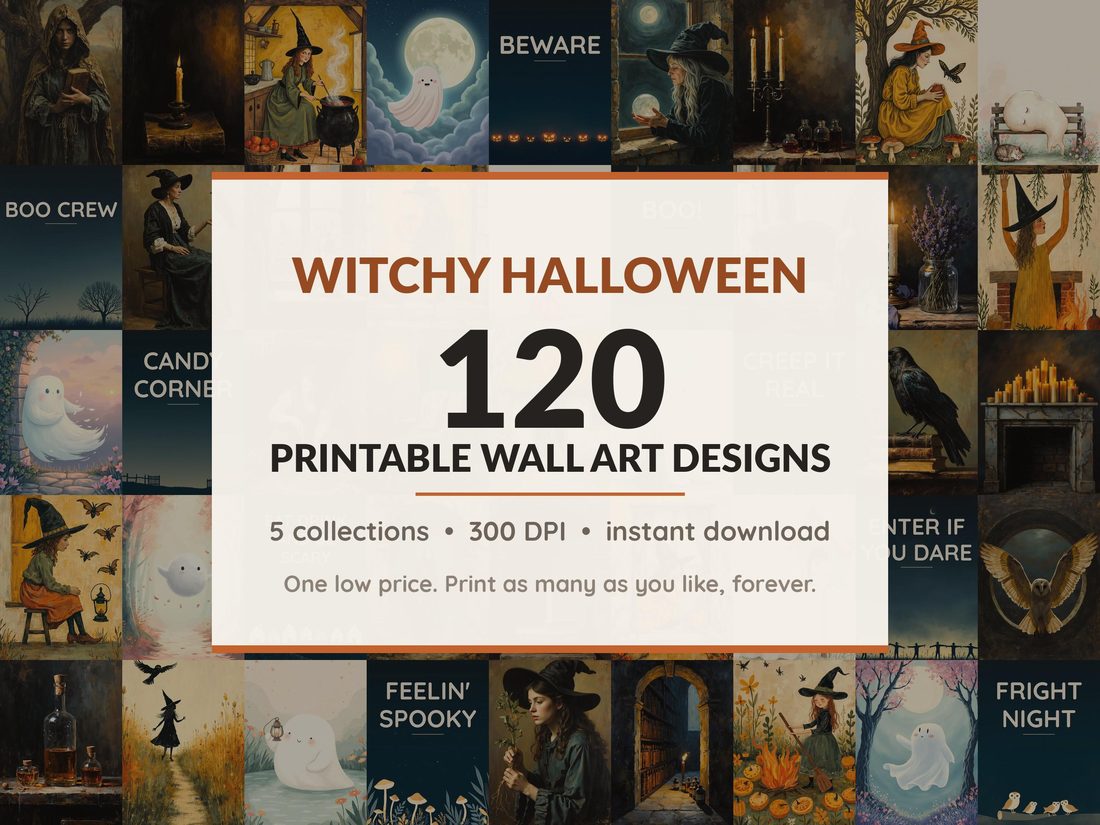 Halloween printable wall art mega bundle with 120 art prints in 5 collections: Varnished Witch Portraits, Moody Candle Studies, Primitive Cottage Witches, Gentle Phantom Companions, Dusk Poster Fields