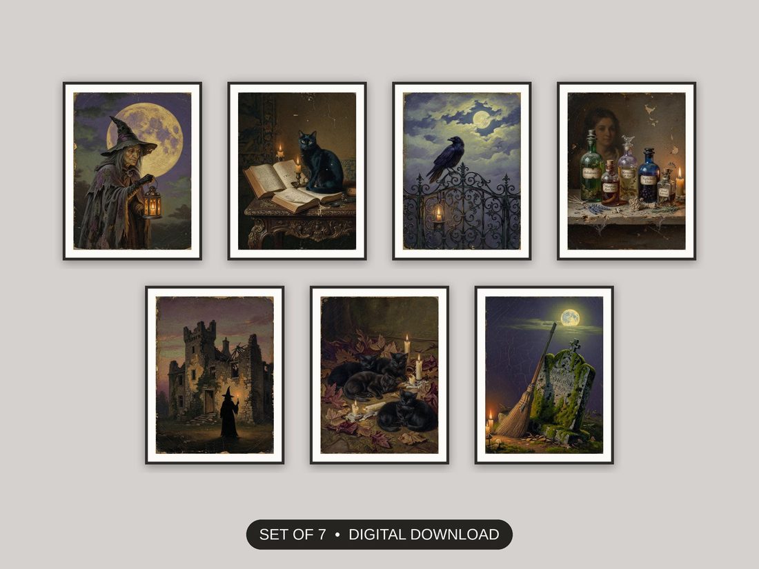 Set of 7 witchy wall art printable prints shown as a gallery wall