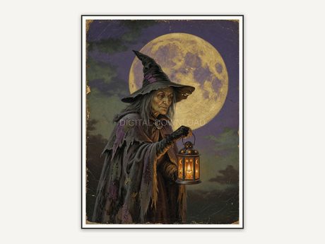 Vintage oil painting of a witch with lantern under full moon