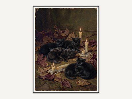 Vintage oil painting of black cats among autumn leaves