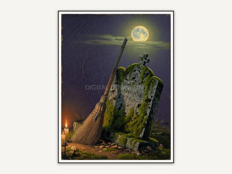 Vintage oil painting of broom against gravestone under moon