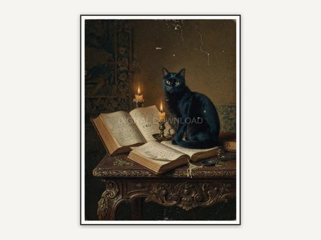 Vintage oil painting of black cat on spell books