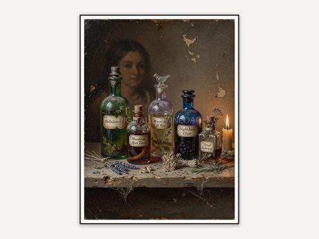 Vintage oil painting of potion bottles on wooden shelf