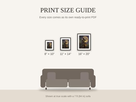 Print size guide showing 8x10, 11x14, and 16x20 framed prints at true scale beside a sofa