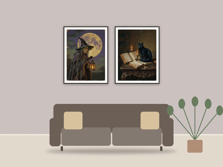 witchy wall art printable art framed above a sofa in a styled living room