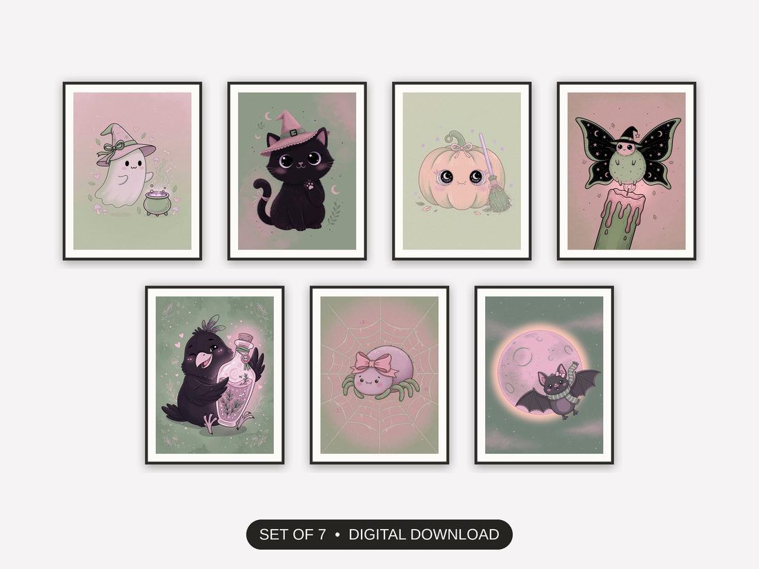 Set of 7 witchy wall decor printable prints shown as a gallery wall