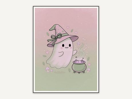 Pastel ghost in witch hat with cauldron