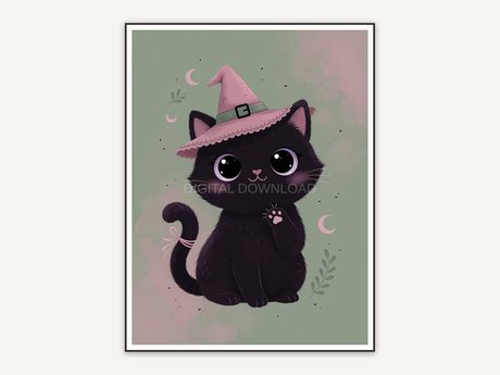 Round eyed black cat wearing witch hat