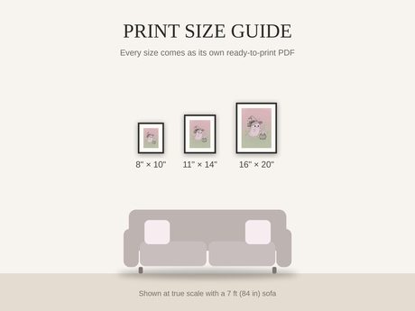 Print size guide showing 8x10, 11x14, and 16x20 framed prints at true scale beside a sofa