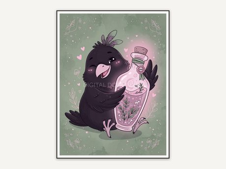 Raven holding potion bottle