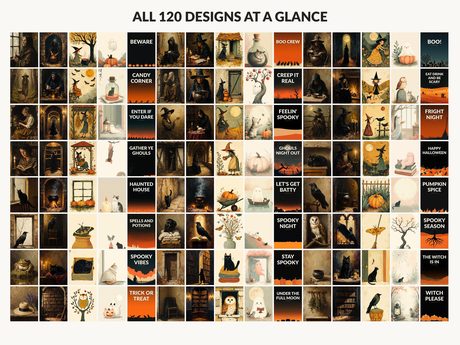 All 120 Halloween printable designs in the bundle shown together on one contact sheet