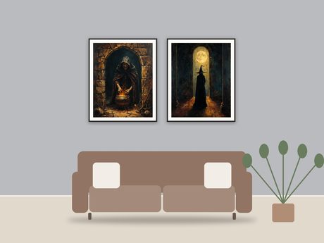 Candlelit Coven Scenes printable art framed above a sofa in a styled living room