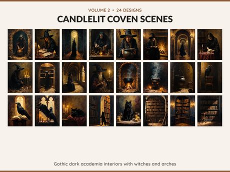 Volume 2 Candlelit Coven Scenes: 24 printable Halloween art designs, gothic dark academia interiors with witches and arches