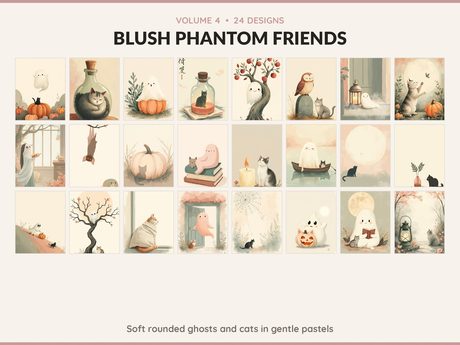 Volume 4 Blush Phantom Friends: 24 printable Halloween art designs, soft rounded ghosts and cats in gentle pastels