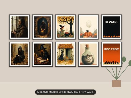 Ten Halloween prints from the bundle framed together as a gallery wall above a console table