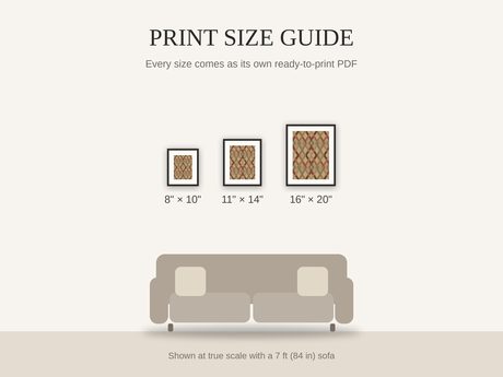 Print size guide showing 8x10, 11x14, and 16x20 framed prints at true scale beside a sofa