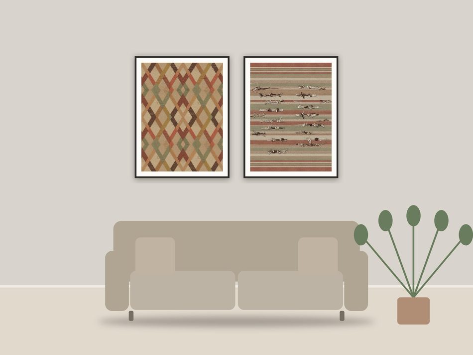 geometric textile weaves printable art framed above a sofa in a styled living room