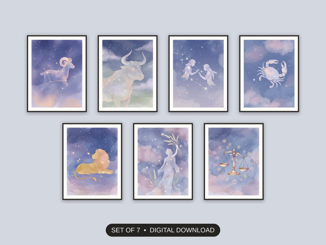 Set of 7 zodiac celestial art printable prints shown as a gallery wall