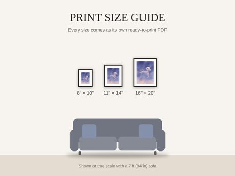Print size guide showing 8x10, 11x14, and 16x20 framed prints at true scale beside a sofa