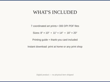 What's included: 7 art prints as 300 DPI PDFs in three sizes plus printing guide and thank-you card
