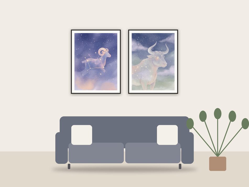 zodiac celestial art printable art framed above a sofa in a styled living room