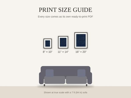 Print size guide showing 8x10, 11x14, and 16x20 framed prints at true scale beside a sofa