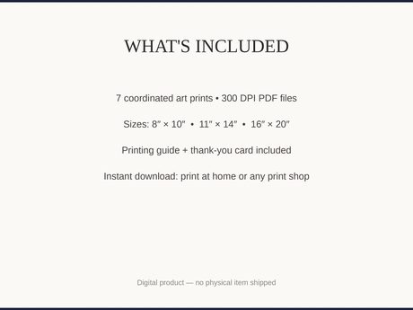 What's included: 7 art prints as 300 DPI PDFs in three sizes plus printing guide and thank-you card