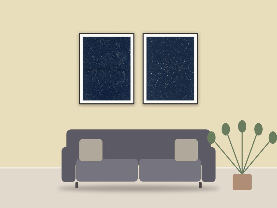 celestial zodiac art printable art framed above a sofa in a styled living room